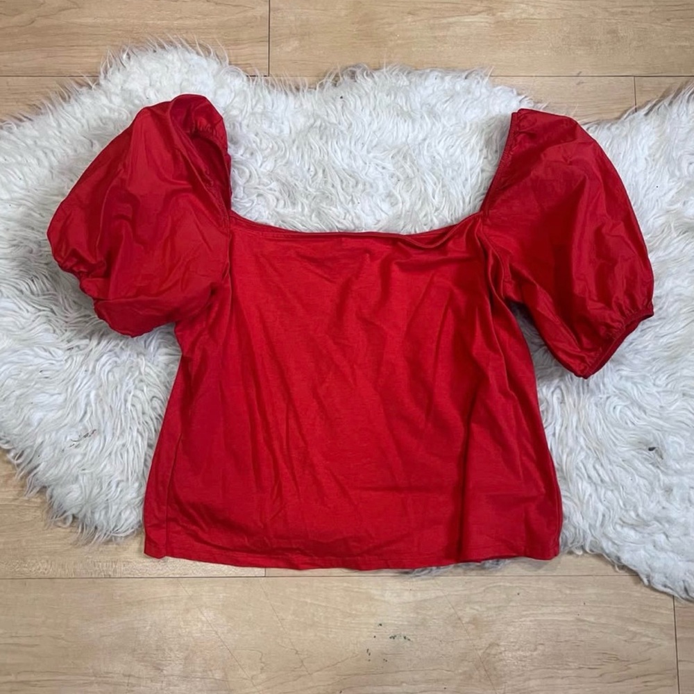 H&M Red Puff-Sleeve Square Neck Blouse